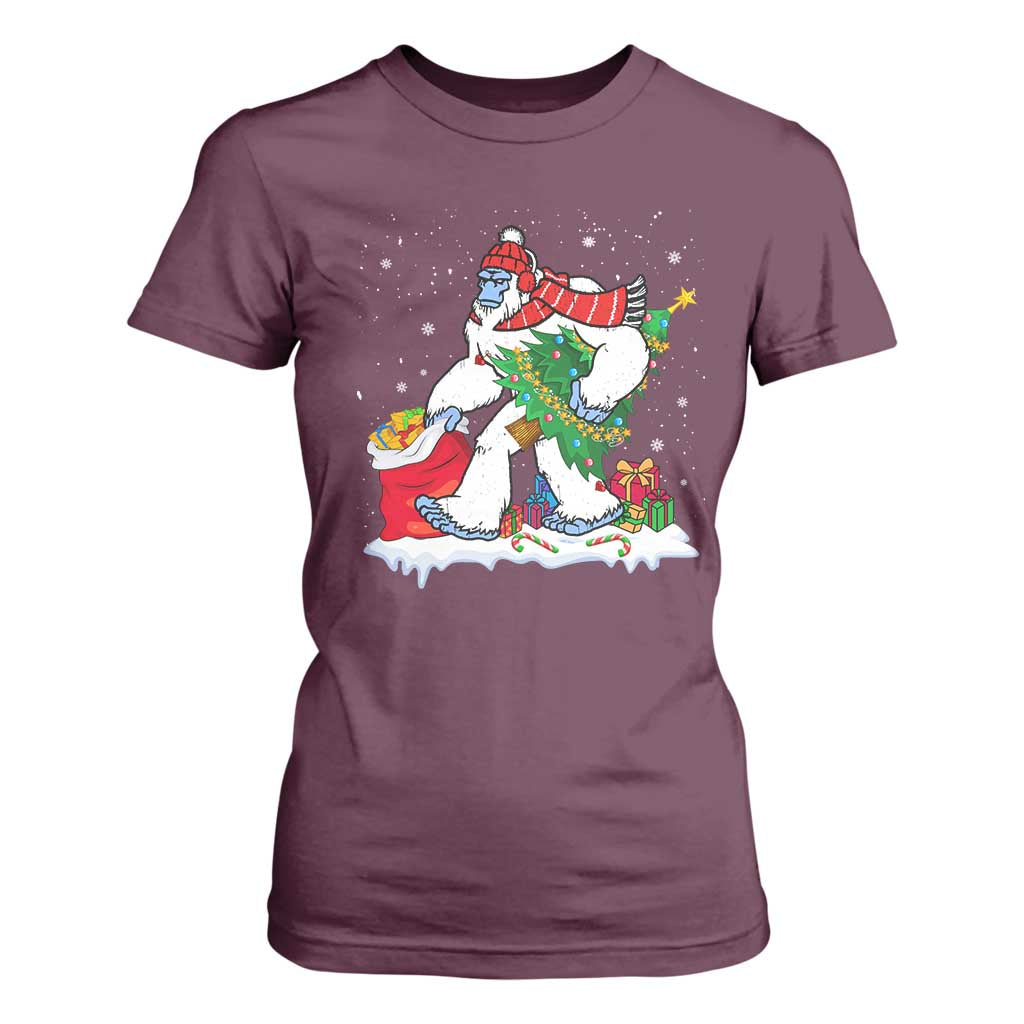 Funny Bigfoot Christmas T Shirt For Women Believe Winter Yeti Santa Hat Sasquatch Loves Xmas Tree Lights TS10 Maroon Print Your Wear
