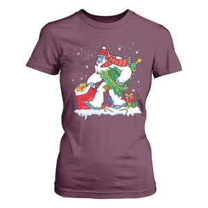 Funny Bigfoot Christmas T Shirt For Women Believe Winter Yeti Santa Hat Sasquatch Loves Xmas Tree Lights TS10 Maroon Print Your Wear