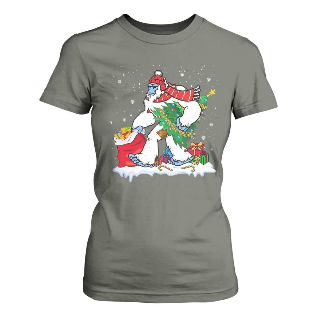 Funny Bigfoot Christmas T Shirt For Women Believe Winter Yeti Santa Hat Sasquatch Loves Xmas Tree Lights TS10 Military Green Print Your Wear