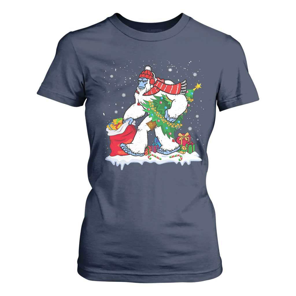 Funny Bigfoot Christmas T Shirt For Women Believe Winter Yeti Santa Hat Sasquatch Loves Xmas Tree Lights TS10 Navy Print Your Wear