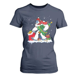 Funny Bigfoot Christmas T Shirt For Women Believe Winter Yeti Santa Hat Sasquatch Loves Xmas Tree Lights TS10 Navy Print Your Wear