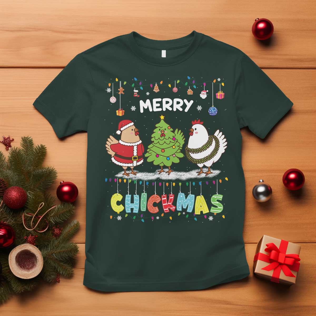 Christmas Chickens T Shirt Lover Gift Farm Gift Merry Chickmas TS10 Dark Forest Green Print Your Wear