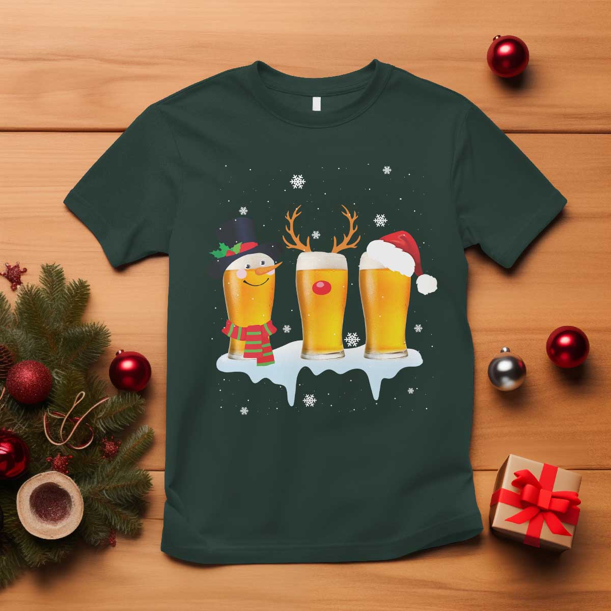 Funny Christmas Beer T Shirt Reindeer Santa Drinking Lovers TS10 Dark Forest Green Print Your Wear