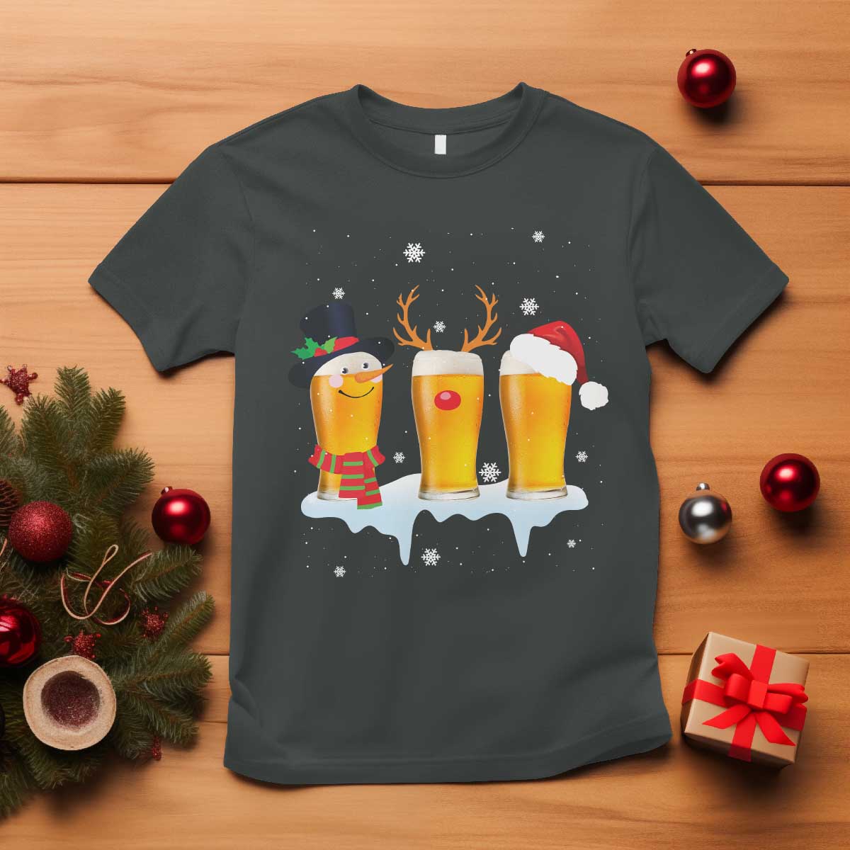 Funny Christmas Beer T Shirt Reindeer Santa Drinking Lovers TS10 Dark Heather Print Your Wear