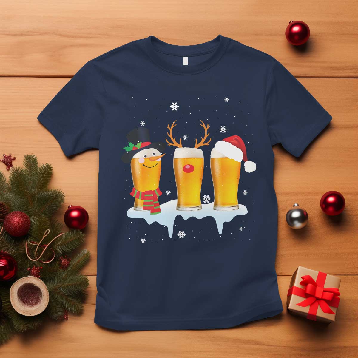 Funny Christmas Beer T Shirt Reindeer Santa Drinking Lovers TS10 Navy Print Your Wear