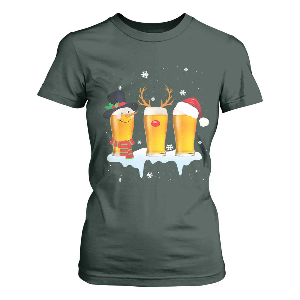 Funny Christmas Beer T Shirt For Women Reindeer Santa Drinking Lovers TS10 Dark Forest Green Print Your Wear