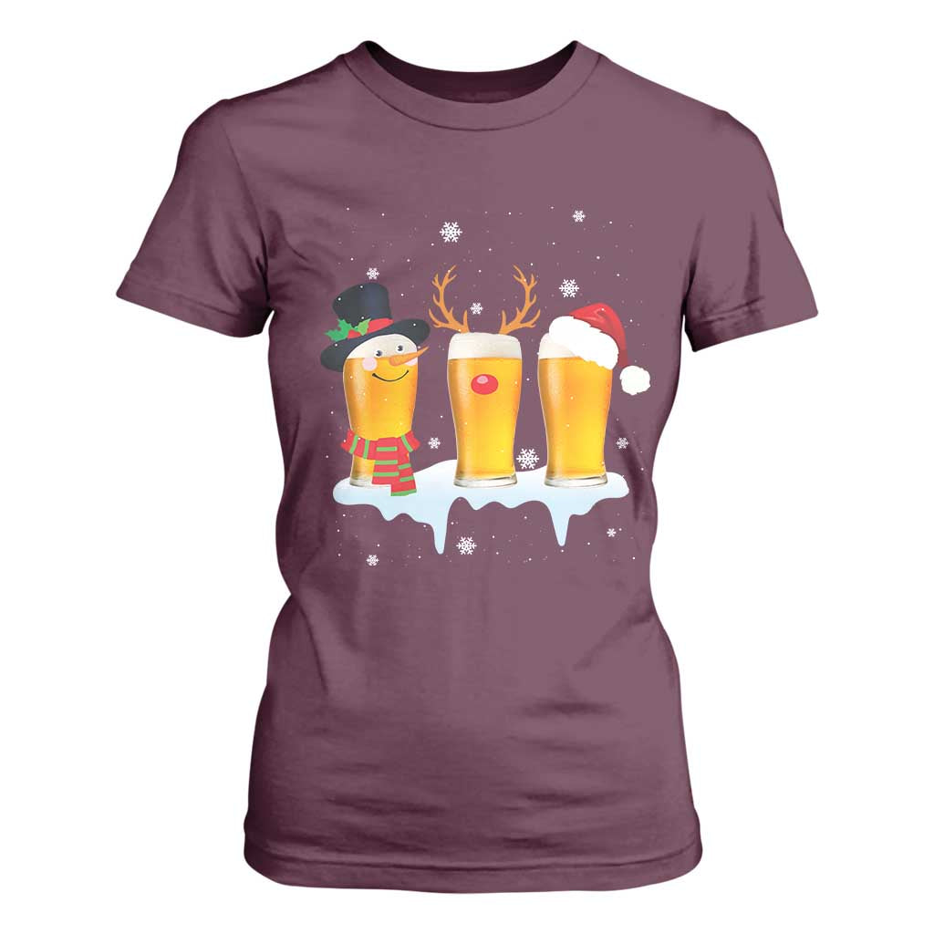 Funny Christmas Beer T Shirt For Women Reindeer Santa Drinking Lovers TS10 Maroon Print Your Wear