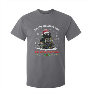 Cat Christmas T Shirt For Kid On The Naughty List And I Regret Nothing TS10 Charcoal Print Your Wear