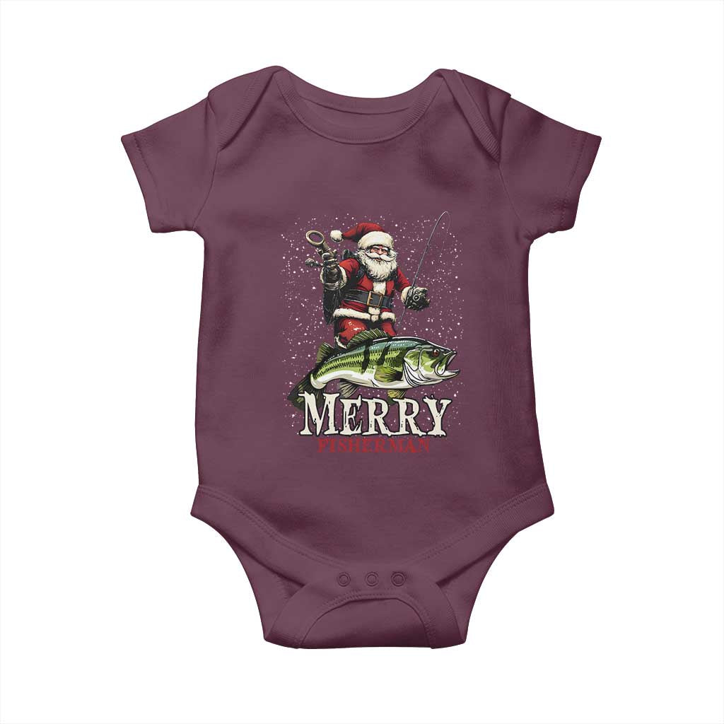 Fishing Christmas Gifts Baby Onesie Merry Fisherman Santa Claus Fish Fishing Rod TS10 Maroon Print Your Wear