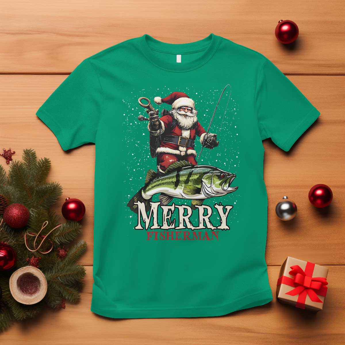 Fishing Christmas Gifts T Shirt Merry Fisherman Santa Claus Fish Fishing Rod TS10 Irish Green Print Your Wear