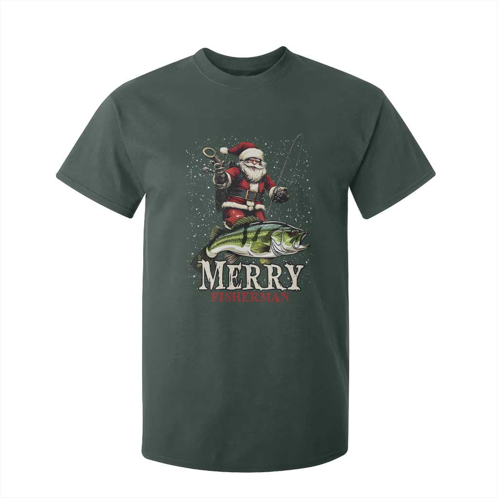 Fishing Christmas Gifts T Shirt For Kid Merry Fisherman Santa Claus Fish Fishing Rod TS10 Dark Forest Green Print Your Wear