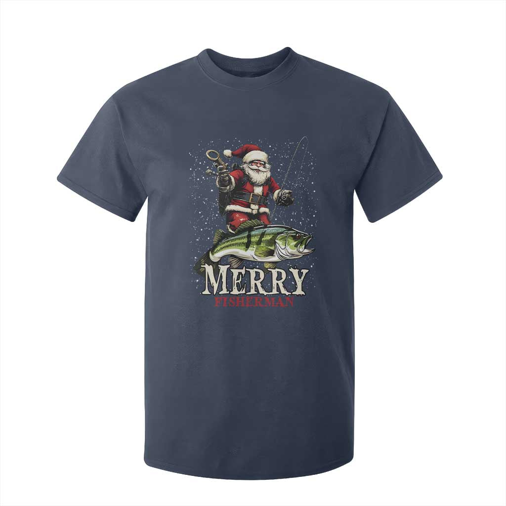 Fishing Christmas Gifts T Shirt For Kid Merry Fisherman Santa Claus Fish Fishing Rod TS10 Navy Print Your Wear