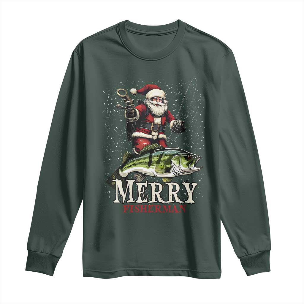 Fishing Christmas Gifts Long Sleeve Shirt Merry Fisherman Santa Claus Fish Fishing Rod TS10 Dark Forest Green Print Your Wear