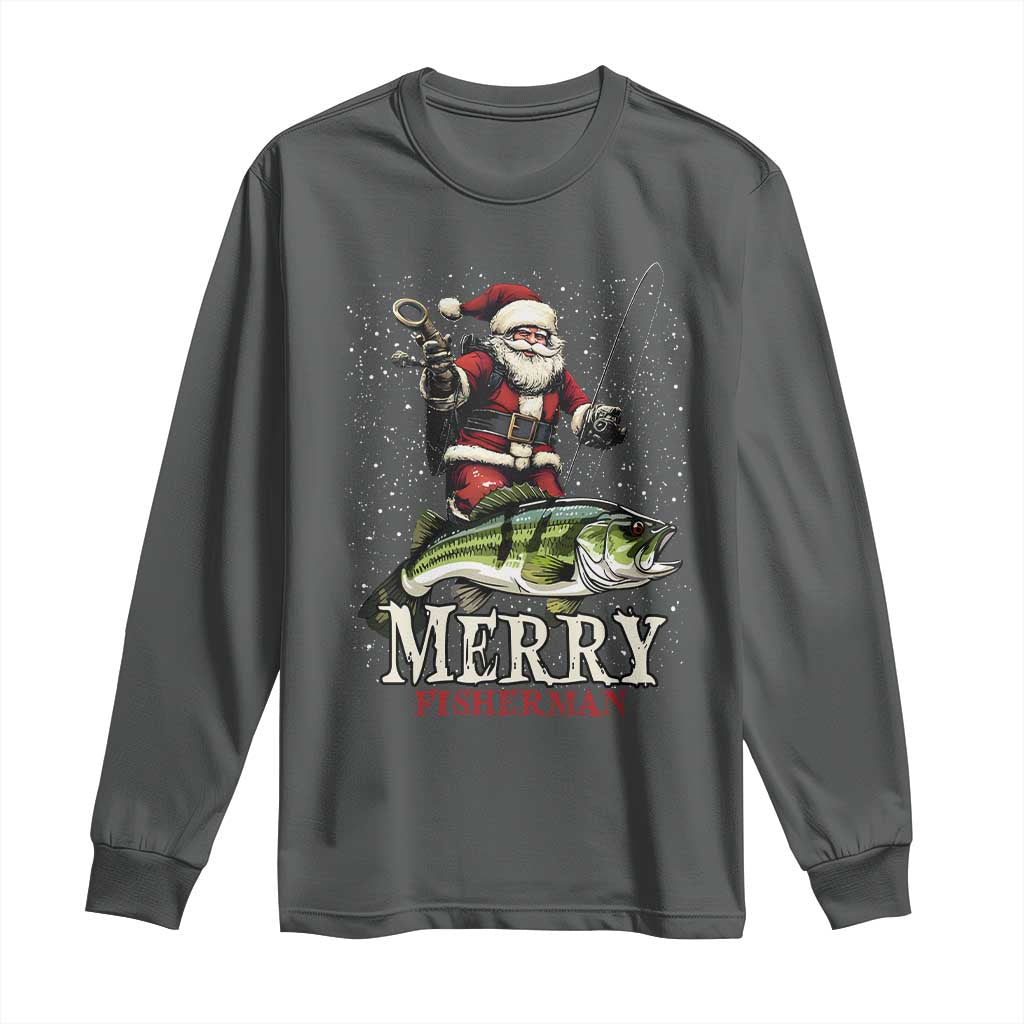 Fishing Christmas Gifts Long Sleeve Shirt Merry Fisherman Santa Claus Fish Fishing Rod TS10 Dark Heather Print Your Wear