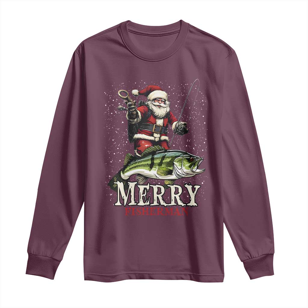 Fishing Christmas Gifts Long Sleeve Shirt Merry Fisherman Santa Claus Fish Fishing Rod TS10 Maroon Print Your Wear