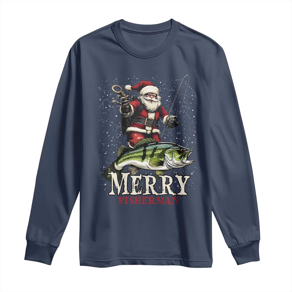 Fishing Christmas Gifts Long Sleeve Shirt Merry Fisherman Santa Claus Fish Fishing Rod TS10 Navy Print Your Wear