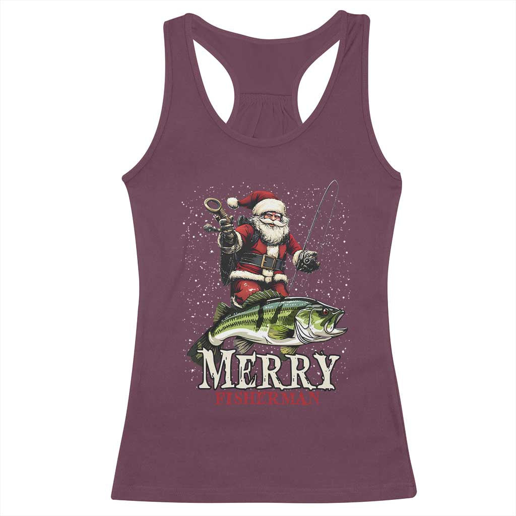 Fishing Christmas Gifts Racerback Tank Top Merry Fisherman Santa Claus Fish Fishing Rod TS10 Maroon Print Your Wear