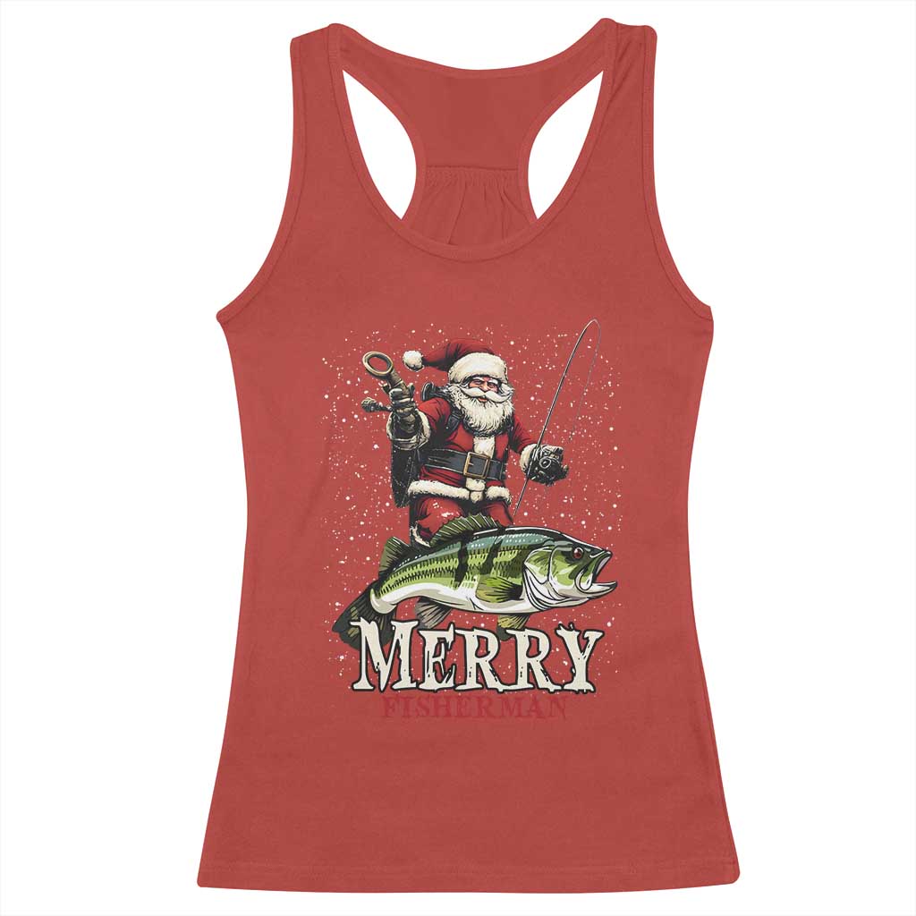Fishing Christmas Gifts Racerback Tank Top Merry Fisherman Santa Claus Fish Fishing Rod TS10 Red Print Your Wear