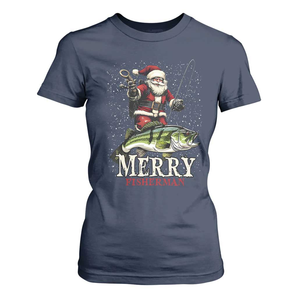 Fishing Christmas Gifts T Shirt For Women Merry Fisherman Santa Claus Fish Fishing Rod TS10 Navy Print Your Wear