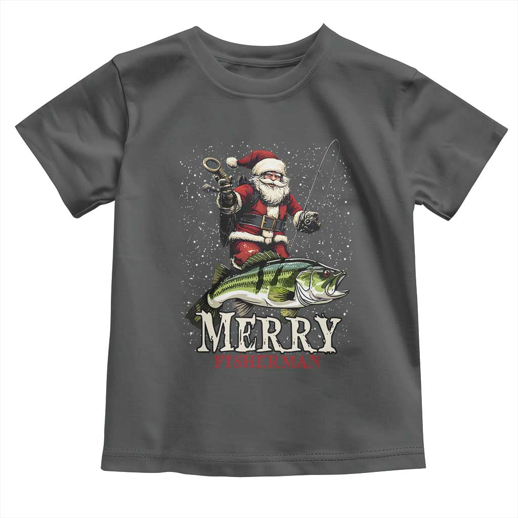 Fishing Christmas Gifts Toddler T Shirt Merry Fisherman Santa Claus Fish Fishing Rod TS10 Dark Heather Print Your Wear