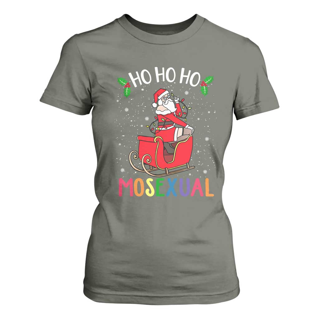 LGBTQ Christmas T Shirt For Women Ho Ho Ho Mosexual Slay Santa LGBT Rainbow Pun Gay Pride TS10 Military Green Print Your Wear