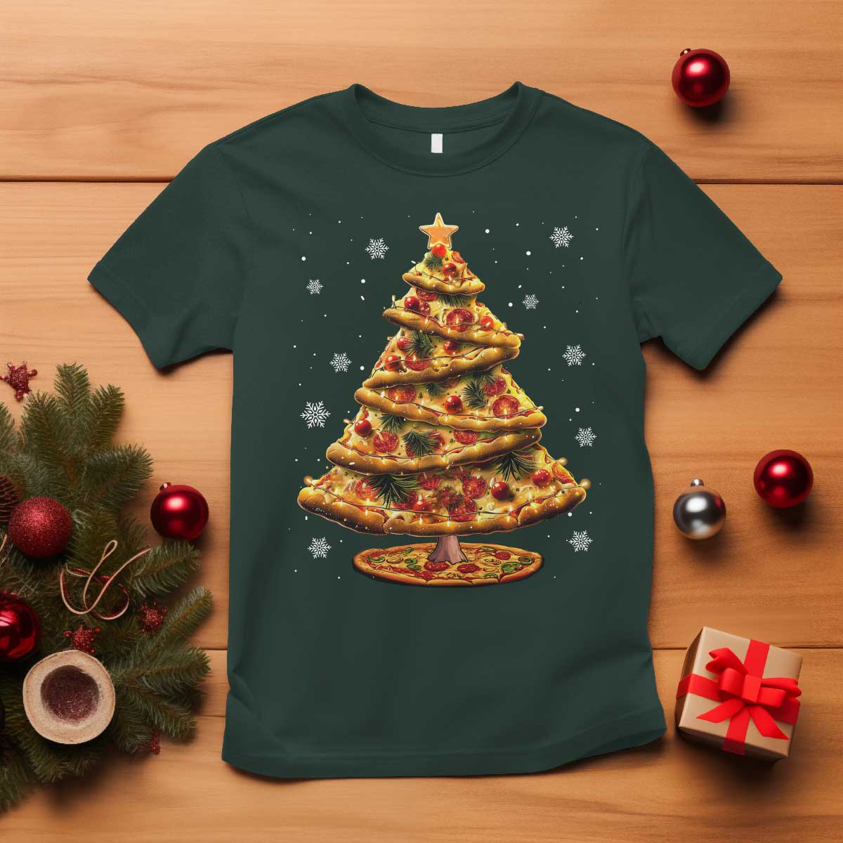 Pizza Christmas Tree T Shirt Xmas Gifts Kids TS10 Dark Forest Green Print Your Wear