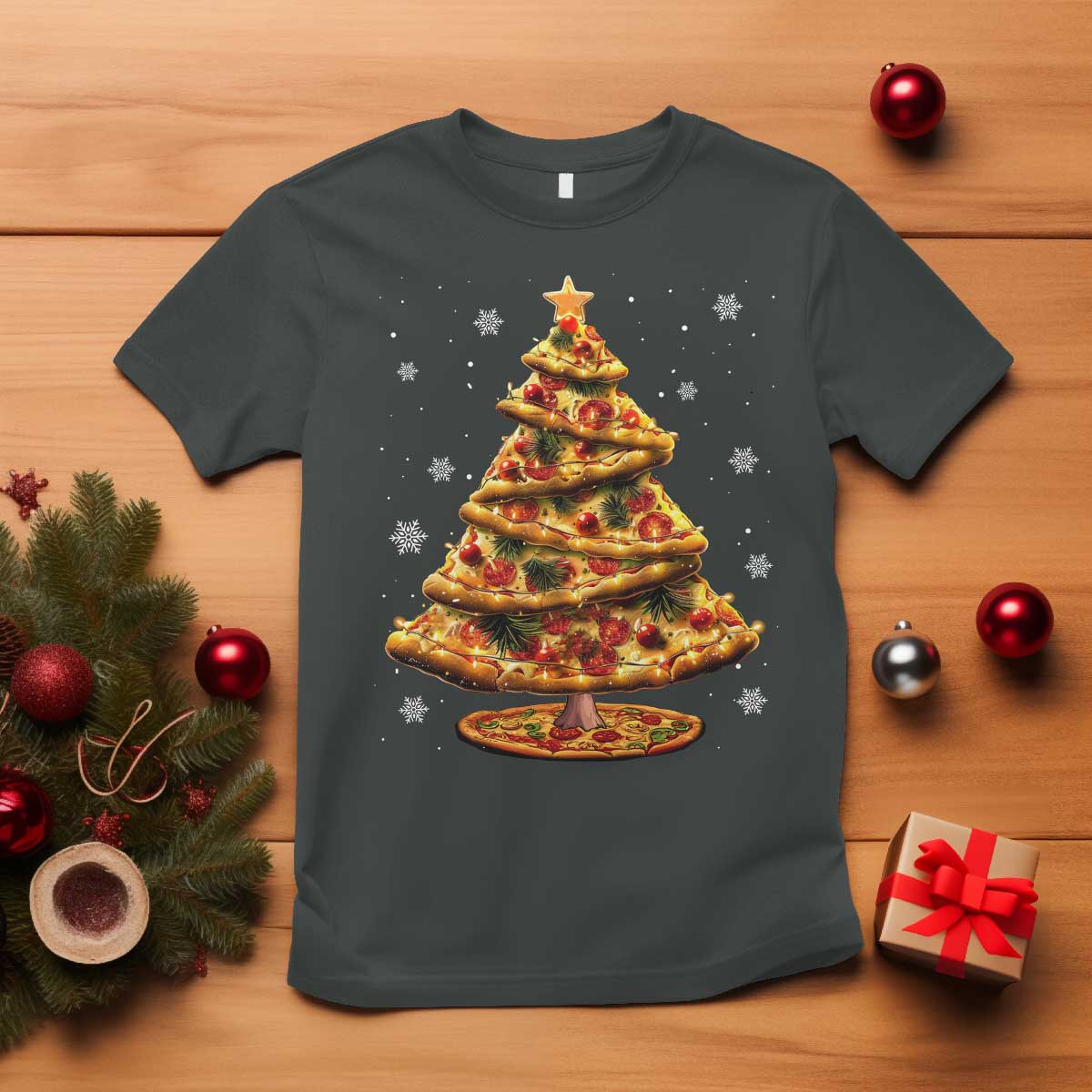 Pizza Christmas Tree T Shirt Xmas Gifts Kids TS10 Dark Heather Print Your Wear