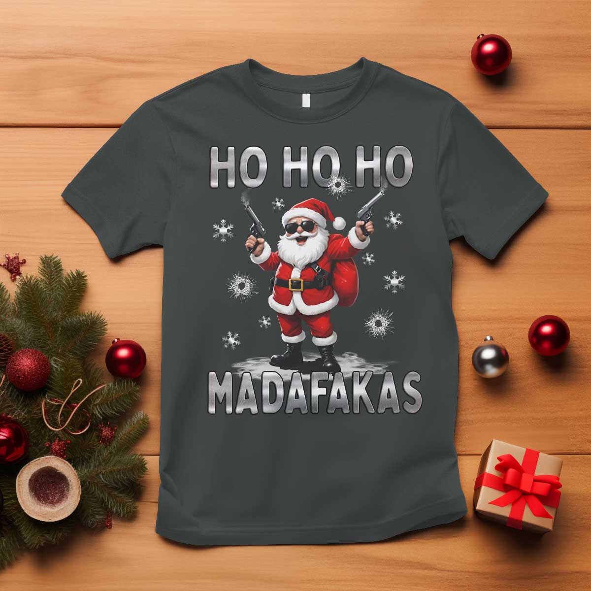Funny Gun Christmas T Shirt Ho Ho Ho Santa Pew Pew Madafakas TS10 Dark Heather Print Your Wear