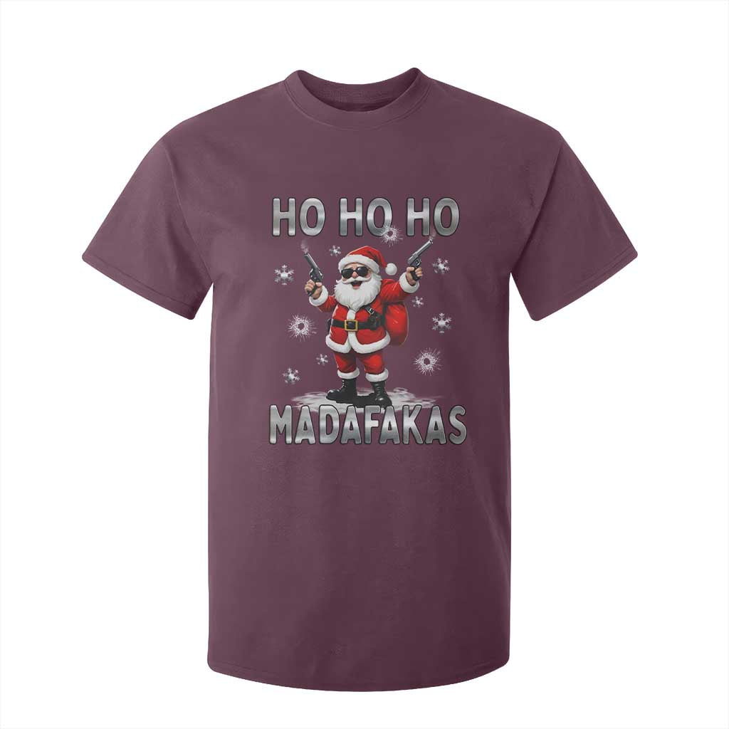 Funny Gun Christmas T Shirt For Kid Ho Ho Ho Santa Pew Pew Madafakas TS10 Maroon Print Your Wear