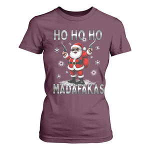 Funny Gun Christmas T Shirt For Women Ho Ho Ho Santa Pew Pew Madafakas TS10 Maroon Print Your Wear