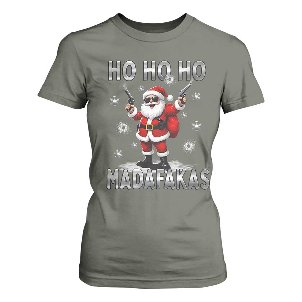 Funny Gun Christmas T Shirt For Women Ho Ho Ho Santa Pew Pew Madafakas TS10 Military Green Print Your Wear