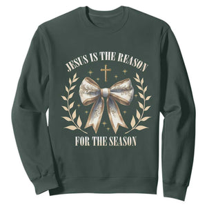 Jesus is the Reason Sweatshirt Xmas Jesus Lover Religious Christmas Coquette Bow TS10 Dark Forest Green Print Your Wear