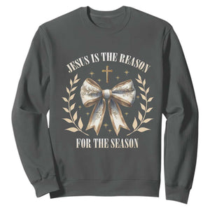 Jesus is the Reason Sweatshirt Xmas Jesus Lover Religious Christmas Coquette Bow TS10 Dark Heather Print Your Wear