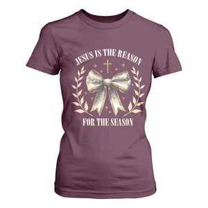 Jesus is the Reason T Shirt For Women Xmas Jesus Lover Religious Christmas Coquette Bow TS10 Maroon Print Your Wear