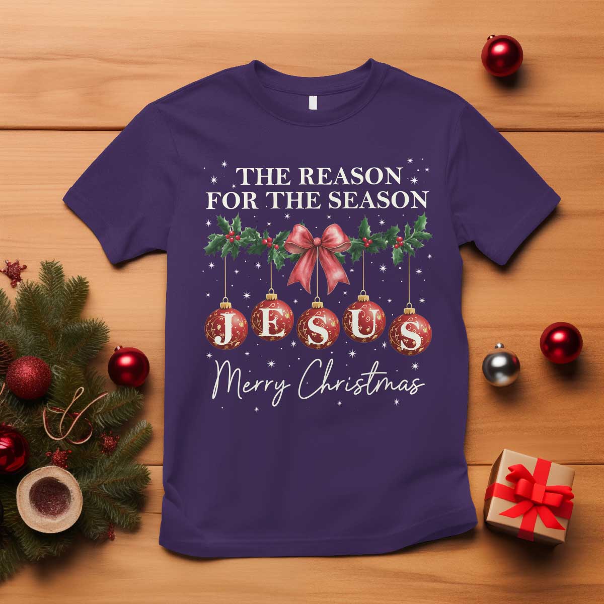 Christian Christmas T Shirt Merry Xmas Jesus The Reason Coquette Bow TS10 Purple Print Your Wear