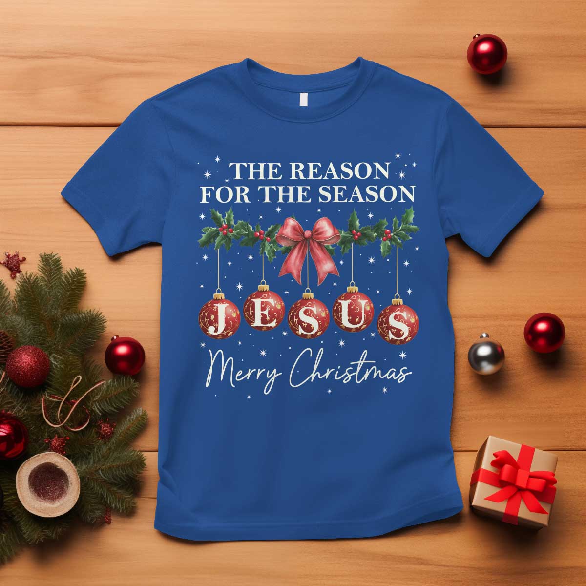 Christian Christmas T Shirt Merry Xmas Jesus The Reason Coquette Bow TS10 Royal Blue Print Your Wear
