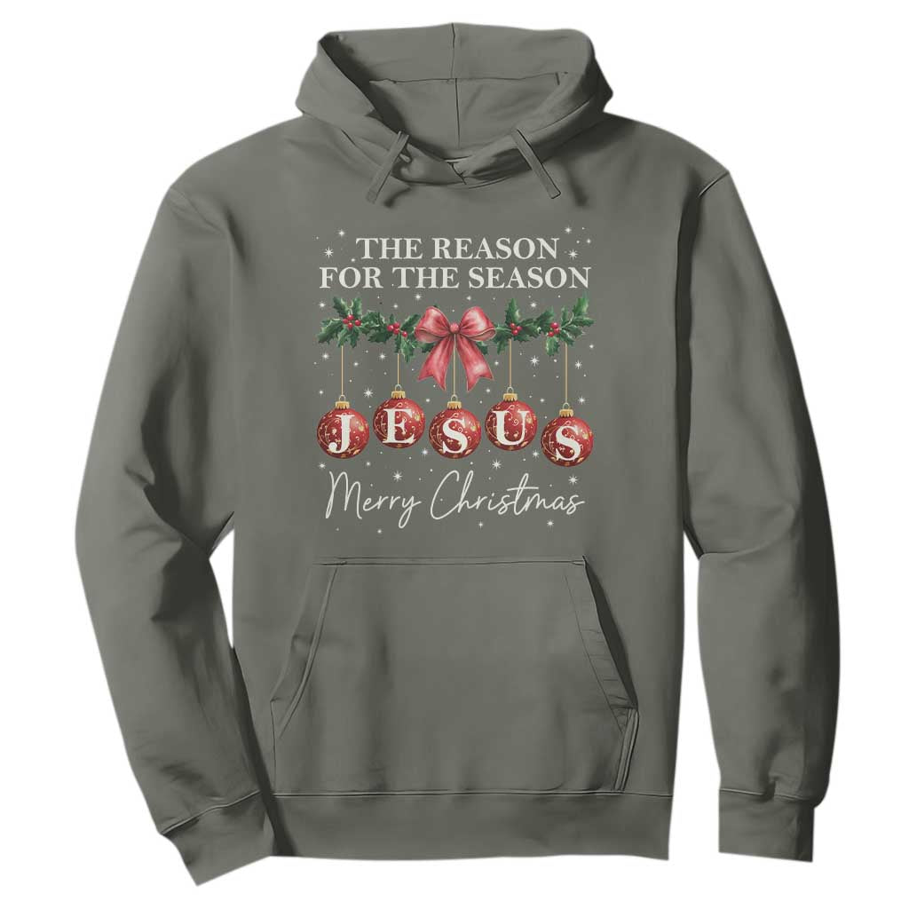 Christian Christmas Hoodie Merry Xmas Jesus The Reason Coquette Bow TS10 Military Green Print Your Wear