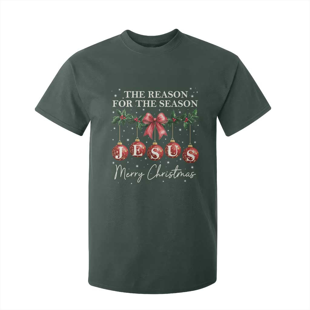 Christian Christmas T Shirt For Kid Merry Xmas Jesus The Reason Coquette Bow TS10 Dark Forest Green Print Your Wear