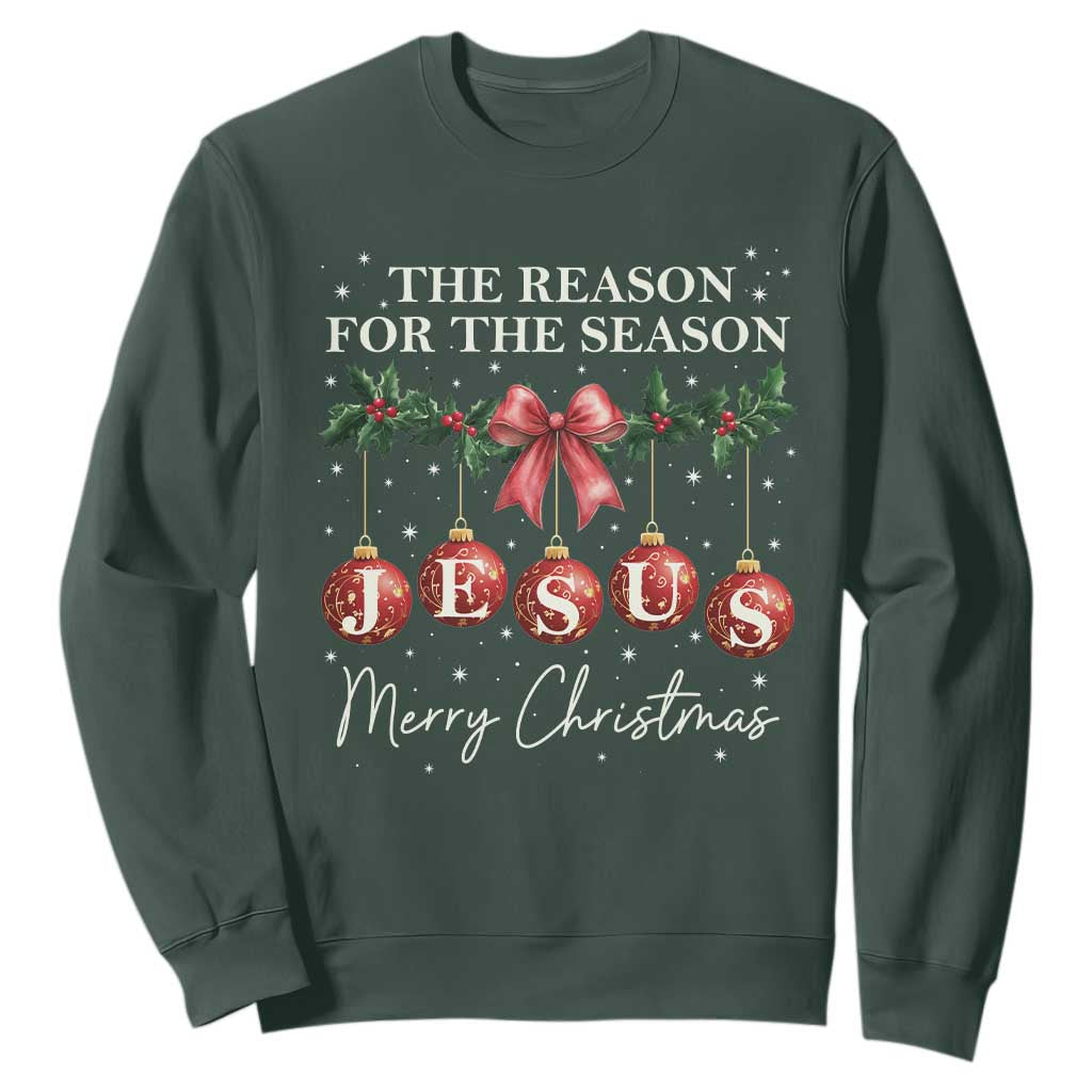Christian Christmas Sweatshirt Merry Xmas Jesus The Reason Coquette Bow TS10 Dark Forest Green Print Your Wear