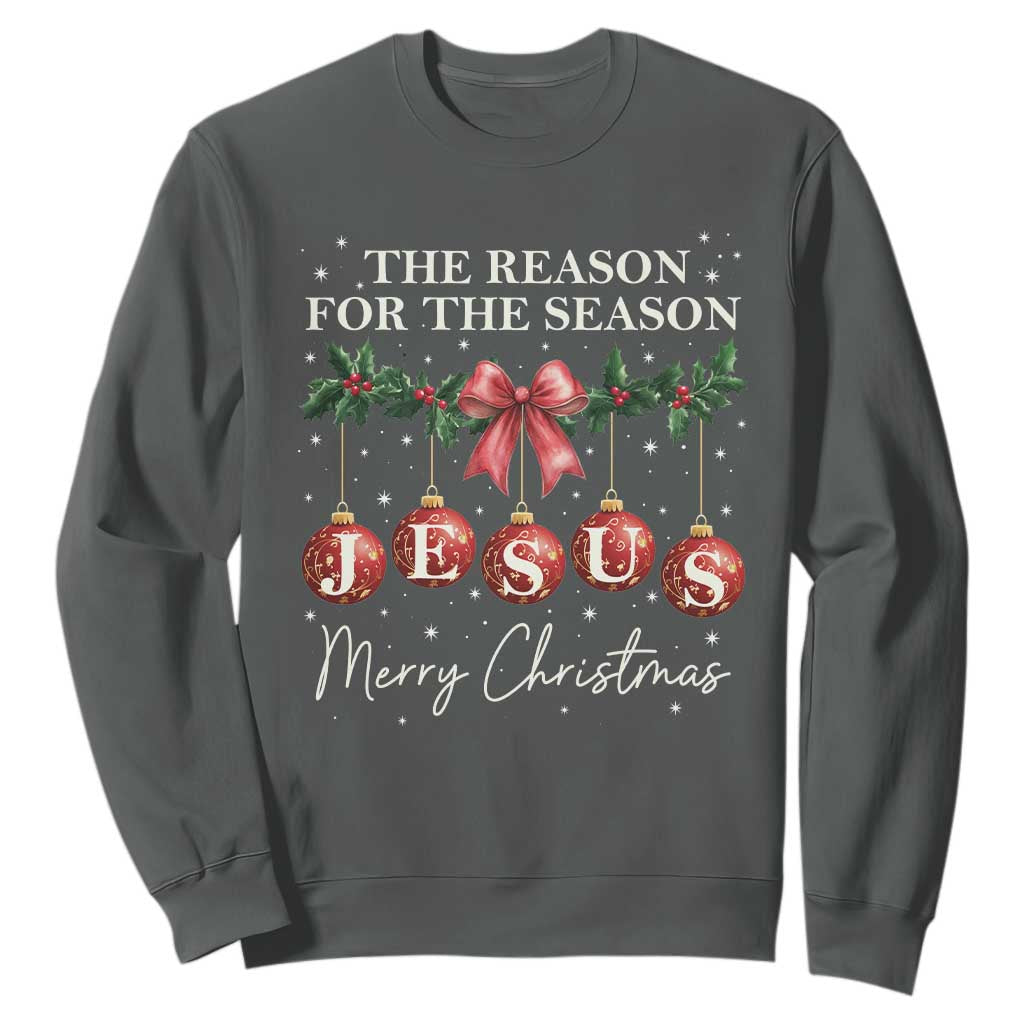 Christian Christmas Sweatshirt Merry Xmas Jesus The Reason Coquette Bow TS10 Dark Heather Print Your Wear