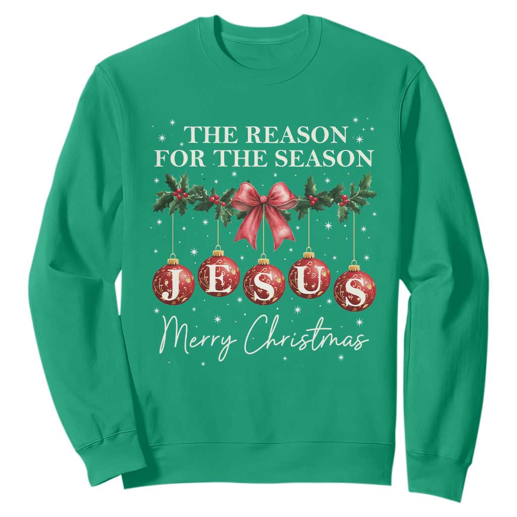 Christian Christmas Sweatshirt Merry Xmas Jesus The Reason Coquette Bow TS10 Irish Green Print Your Wear