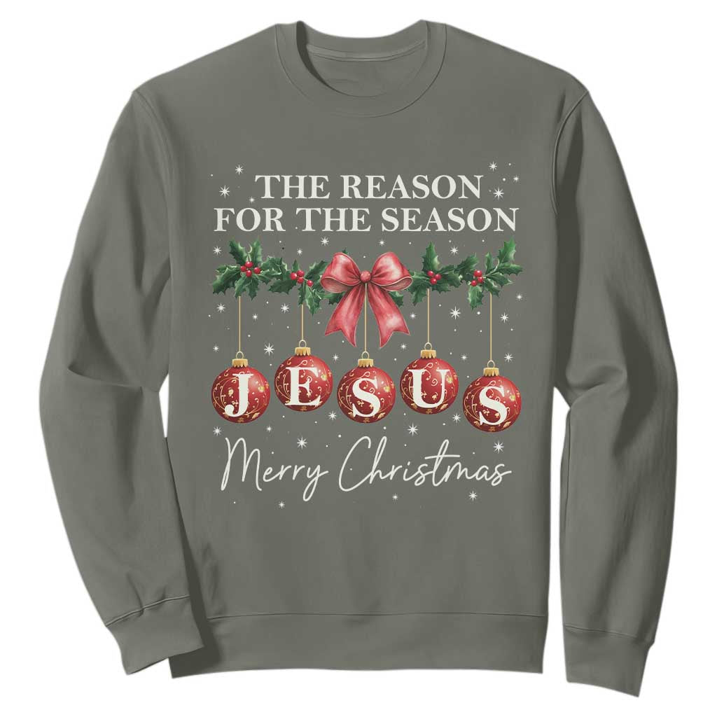 Christian Christmas Sweatshirt Merry Xmas Jesus The Reason Coquette Bow TS10 Military Green Print Your Wear
