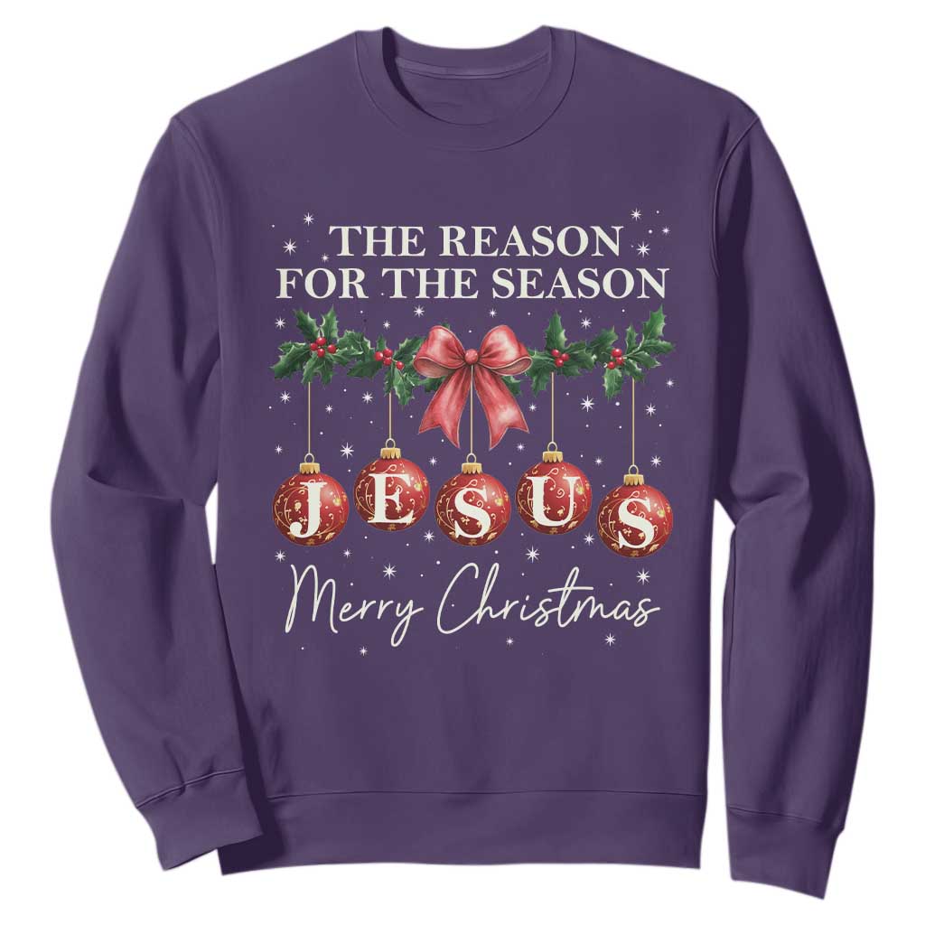 Christian Christmas Sweatshirt Merry Xmas Jesus The Reason Coquette Bow TS10 Purple Print Your Wear