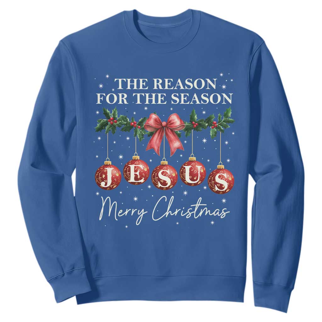Christian Christmas Sweatshirt Merry Xmas Jesus The Reason Coquette Bow TS10 Royal Blue Print Your Wear