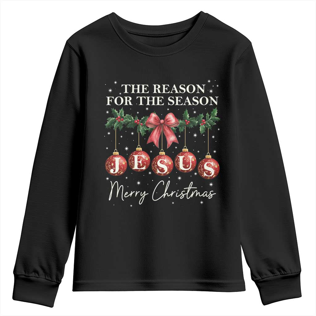 Christian Christmas Youth Sweatshirt Merry Xmas Jesus The Reason Coquette Bow TS10 Black Print Your Wear