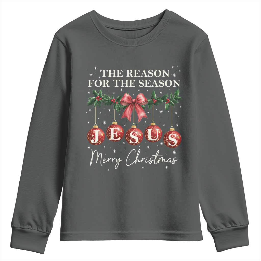 Christian Christmas Youth Sweatshirt Merry Xmas Jesus The Reason Coquette Bow TS10 Dark Heather Print Your Wear