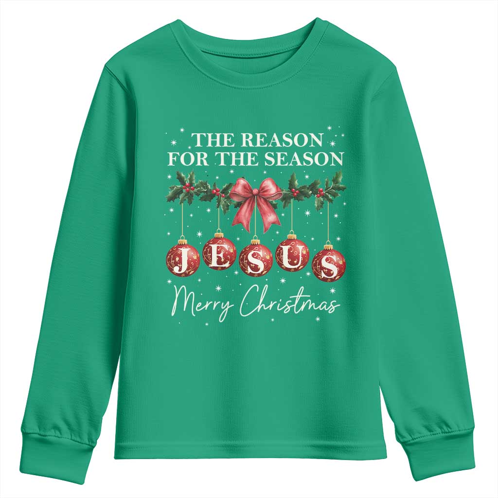 Christian Christmas Youth Sweatshirt Merry Xmas Jesus The Reason Coquette Bow TS10 Irish Green Print Your Wear
