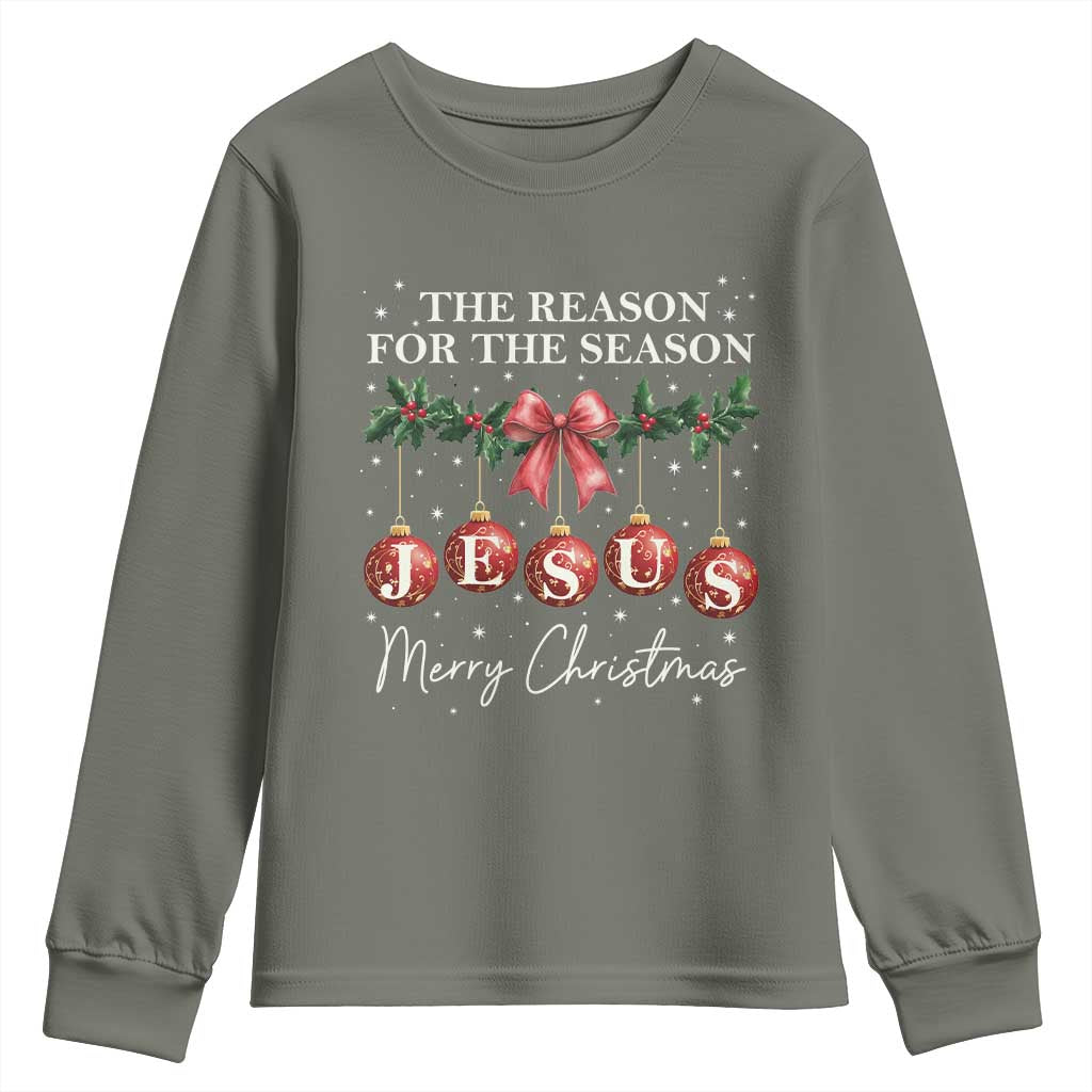 Christian Christmas Youth Sweatshirt Merry Xmas Jesus The Reason Coquette Bow TS10 Military Green Print Your Wear