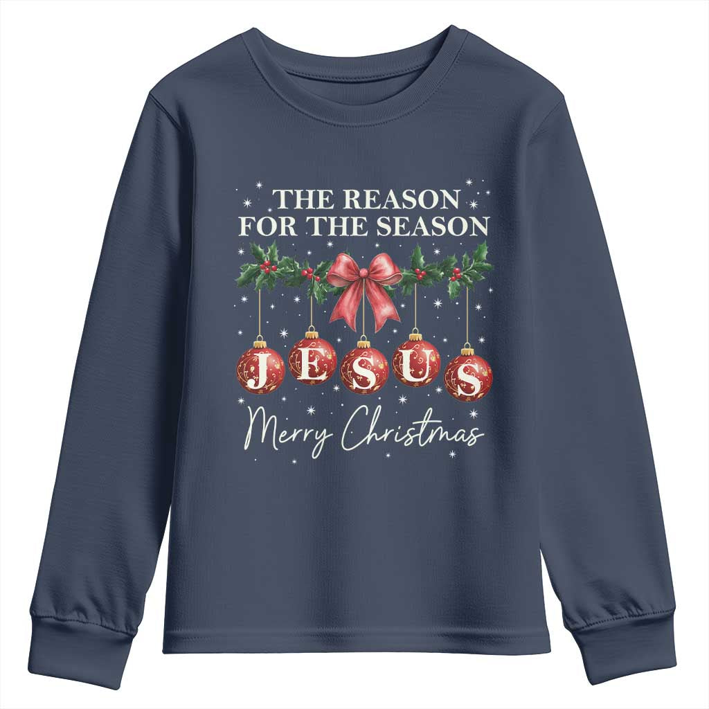 Christian Christmas Youth Sweatshirt Merry Xmas Jesus The Reason Coquette Bow TS10 Navy Print Your Wear