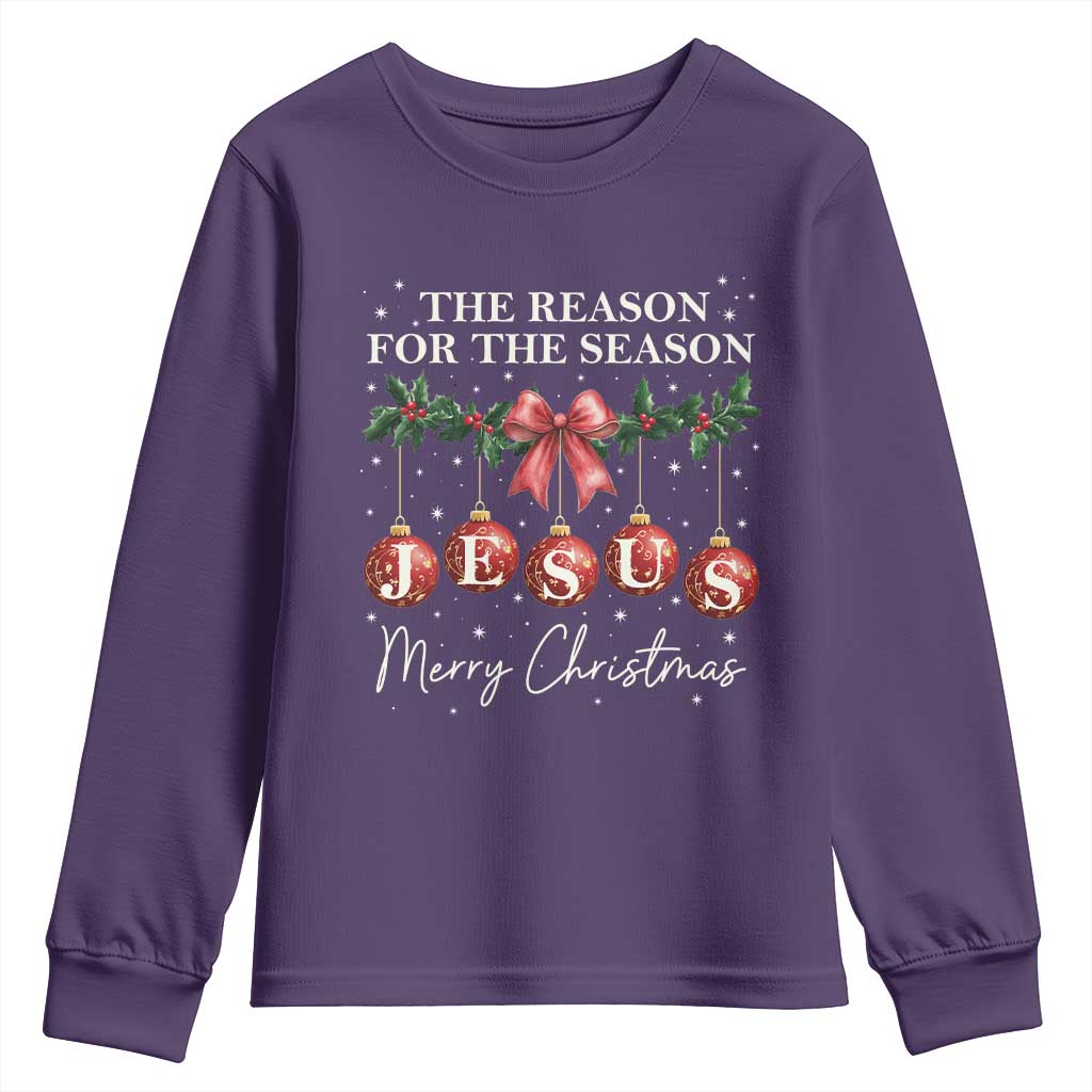 Christian Christmas Youth Sweatshirt Merry Xmas Jesus The Reason Coquette Bow TS10 Purple Print Your Wear